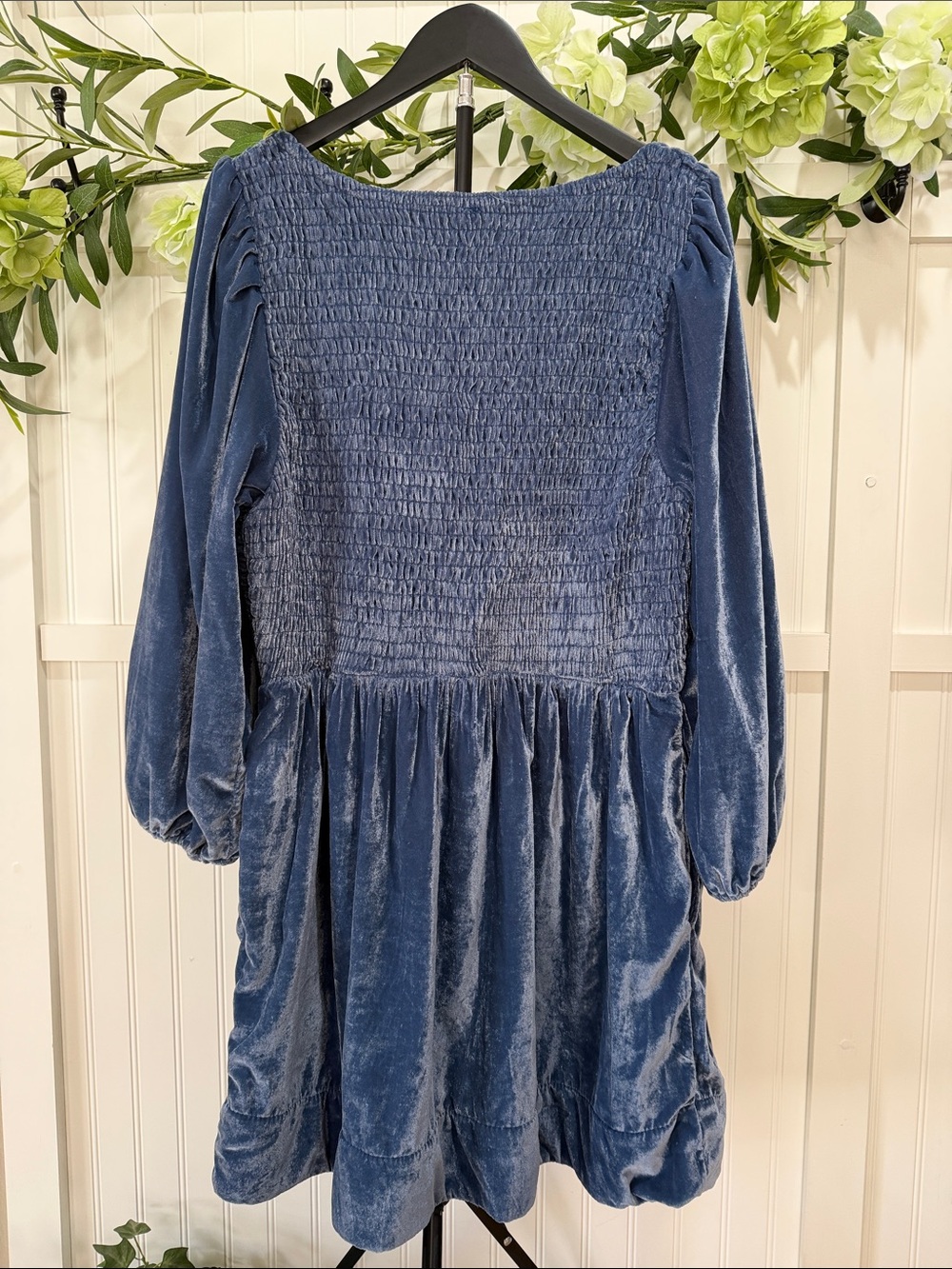 NWT!! #863 FREE PEOPLE Farrier Smocked Velvet Mini Dress in Dusty Blue - Picture 7 of 7